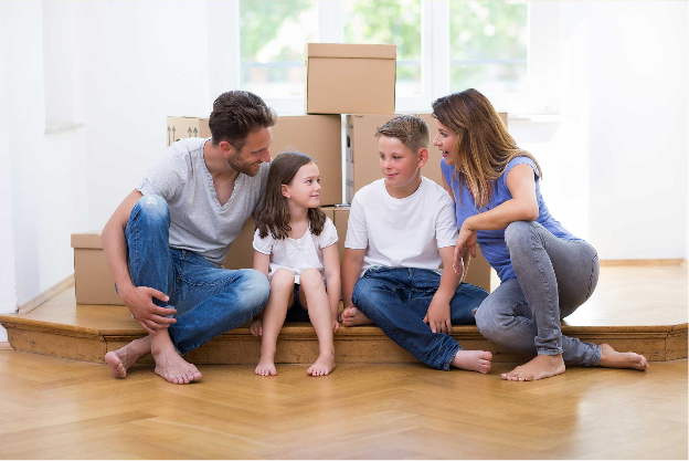 Family moving with boxes